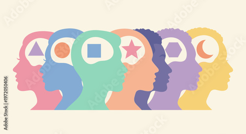 Diverse human minds with different shapes representing unique thoughts and perspectives, illustrating individuality and cognitive variety.