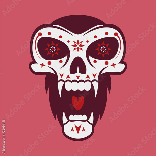 Decorative vector illustration of an open-mouthed primate skull beast adorned with festive white and red patterns, inspired by Day of the Dead (Dia de los Muertos) and ethnic art styles