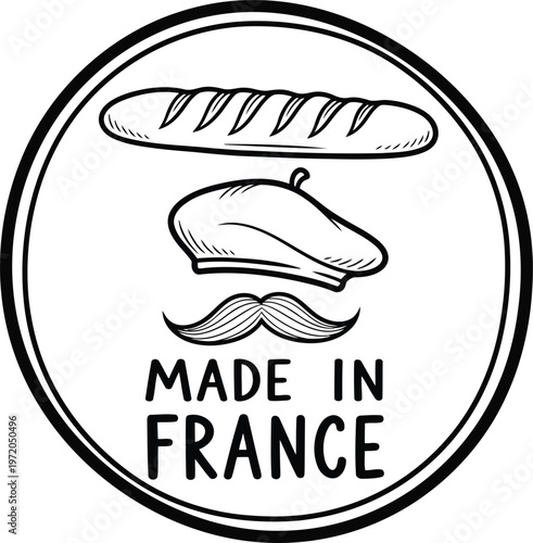 made in france label with baguette bread beret hat and mustache sketch icon vector illustration
