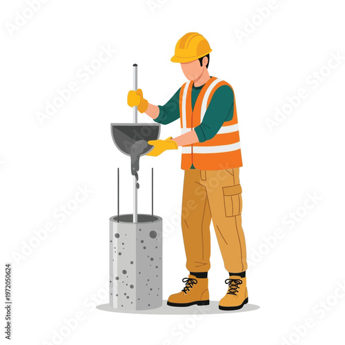 Construction worker pouring concrete into a formwork pillar, emphasizing safety and industry standards