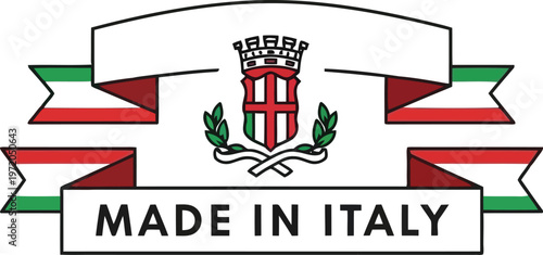 Made in Italy emblem featuring a heraldic crest with Italian flag ribbons on white background