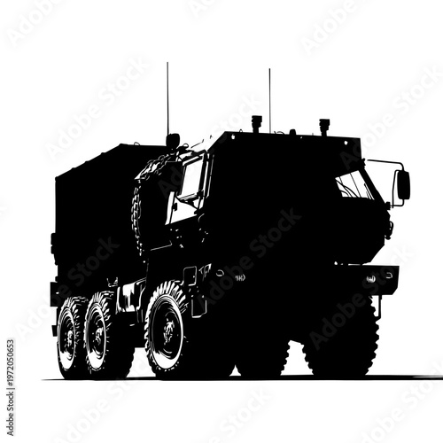 Silhouette of a large military truck with multiple wheels.