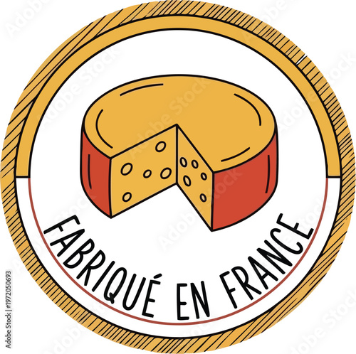 Hand drawn circular logo badge featuring French cheese product origin label with rustic artistic style