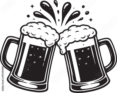  Two beer mugs toasting silhouette with foam splash, party celebration design