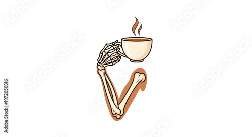 Skeleton Hand Holding Hot Coffee Cup, Morning Warmth, Caffeine Break
