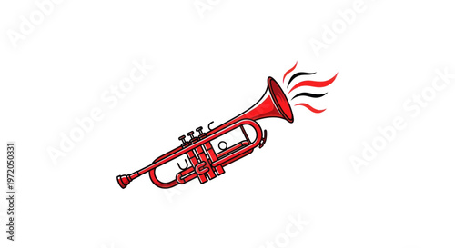 Red Trumpet with Sound Waves, Music Instrument, Brass Band, Jazz Music