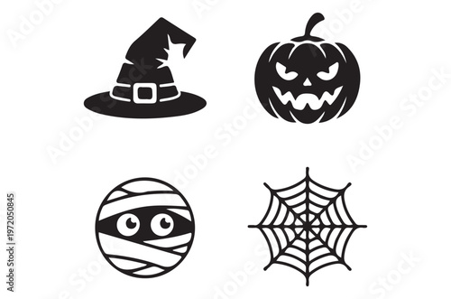 Halloween icons featuring a witch hat pumpkin mummy and spiderweb