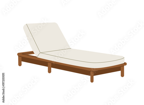 Beach lounge chair with wooden frame and white cushion. Summer deck chair isolated on white background. Flat vector illustration.