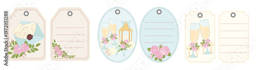 Set of elegant wedding favor tags and labels featuring floral arrangements of pink roses