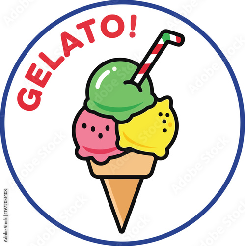Colorful gelato ice cream cone illustration sticker with text design for cafe menu food branding