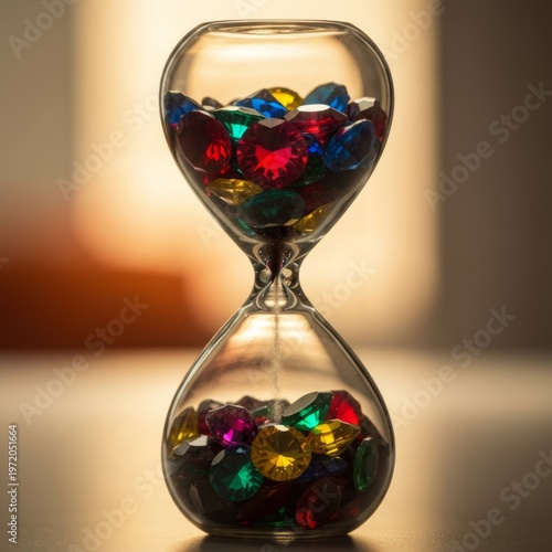 Hourglass with Gems An hourglass filled with colorful gems inste