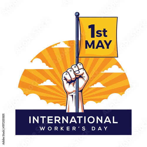 Raised fist holding flag for international worker day celebration vector