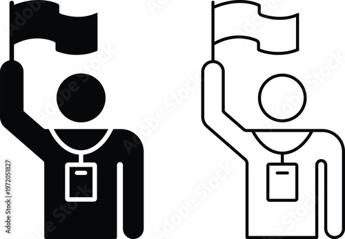 Tour Guide with Flag Silhouette With Line Art Icons Set