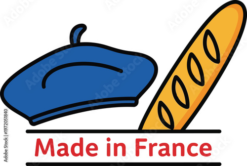 Made in France label with blue beret hat and golden baguette bread icon vector illustration
