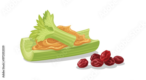 Celery sticks with peanut butter and raisins healthy snack isolated on white background