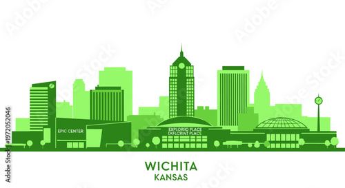Wichita Kansas Skyline Silhouette Green Flat Design Vector Illustration