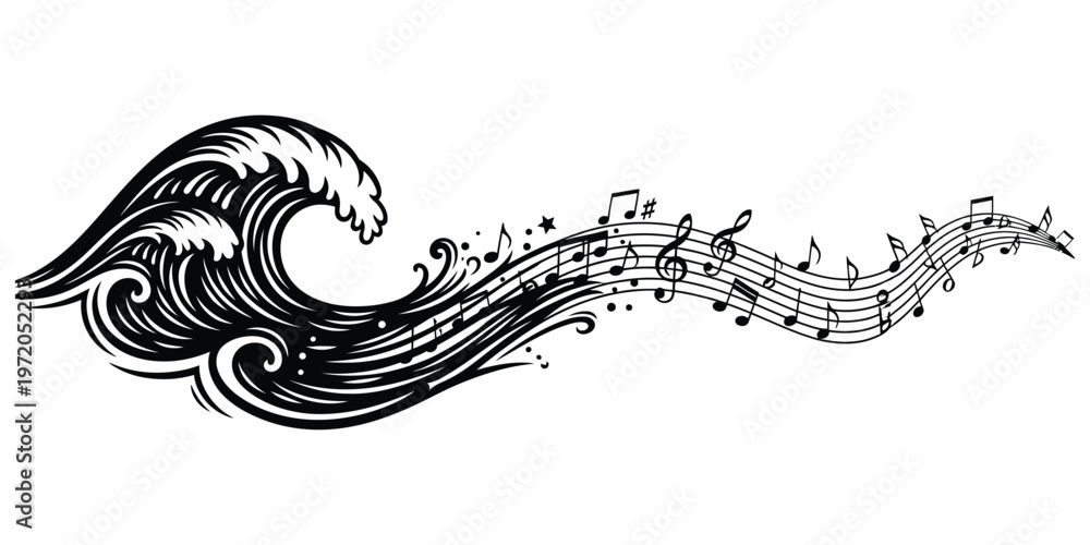 Fototapeta premium Musical notes flow with ocean wave artistic vector illustration