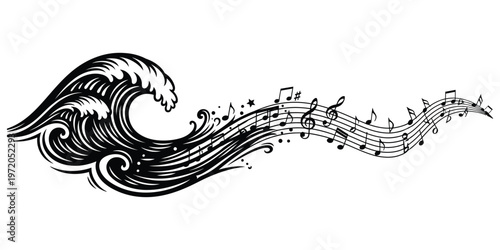 Musical notes flow with ocean wave artistic vector illustration