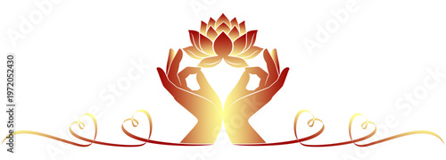 Vector illustration of a pair of hands with lotus flowers decorated with a heart-shaped ribbon