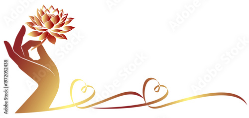 Vector illustration of a hand with a lotus flower decorated with a heart-shaped ribbon