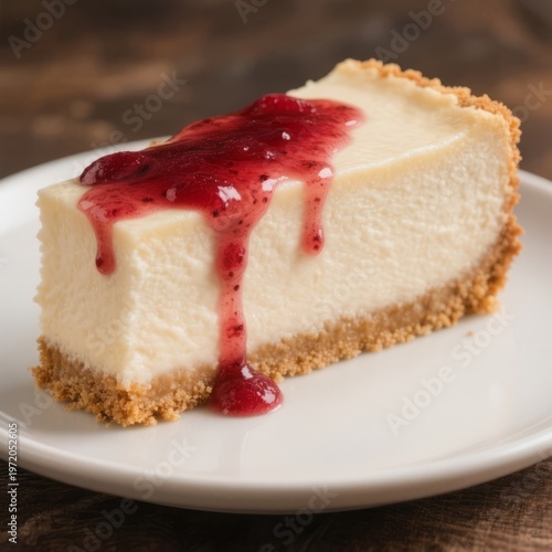 A creamy cheesecake on a graham cracker crust topped with a rasp