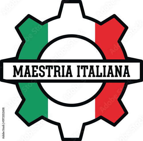 Italian craftsmanship gear logo with tricolor flag symbol representing industrial quality and manufacturing excellence design