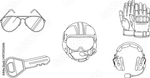 Aviator sunglasses pilot helmet gloves and key line goggles headset microphone