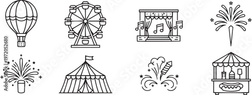 Black and white line of amusement park and celebration hot air balloon ferris wheel stage music notes
