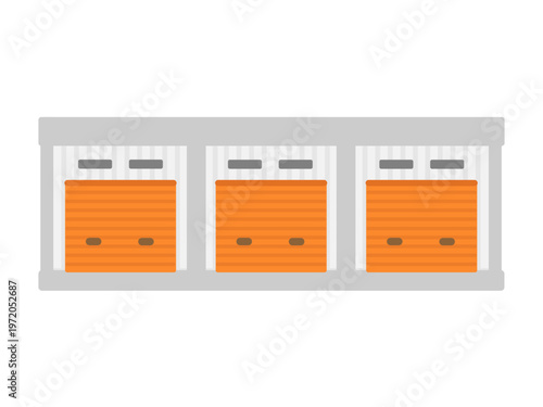 オレンジ色のシャッターが3つあるシンプルなトランクルームの建物　イラスト