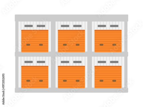2階建てでオレンジ色のシャッターが並ぶトランクルームの建物　イラスト