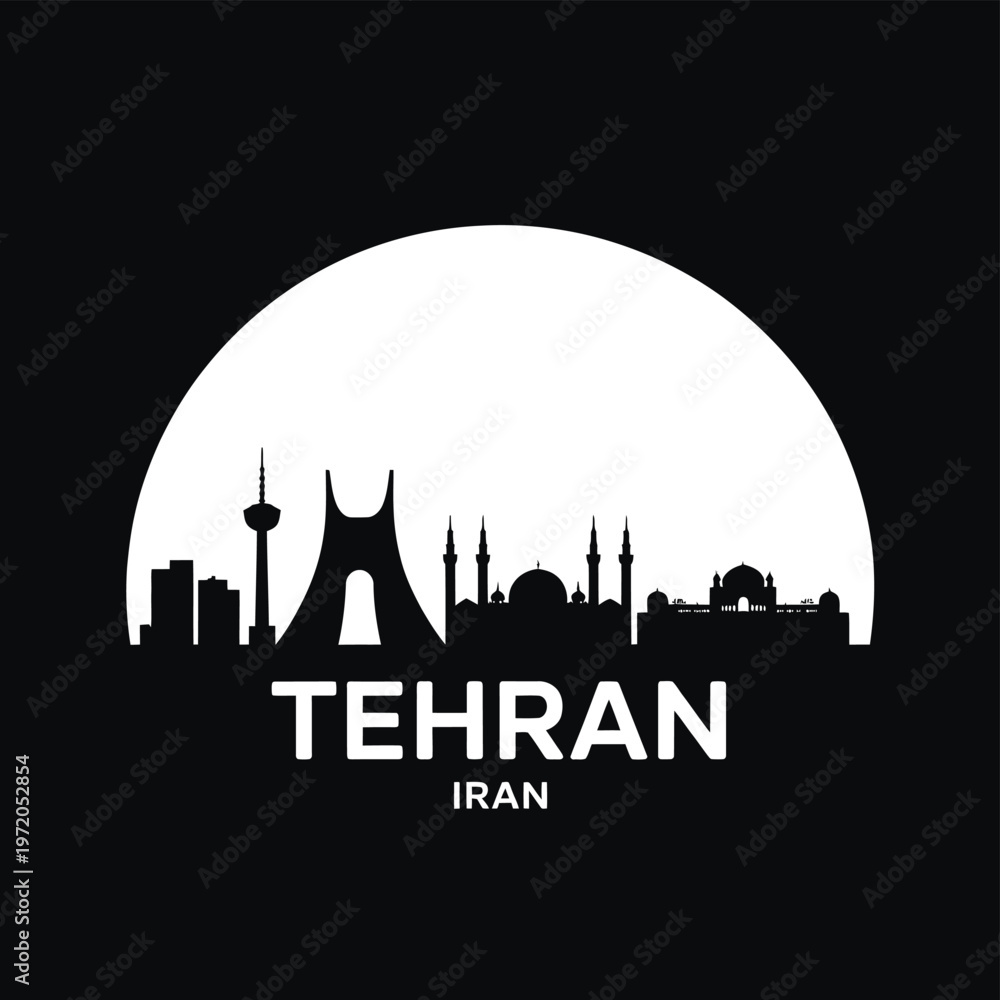 Fototapeta premium Silhouette of tehran skyline against a large bright circular moon