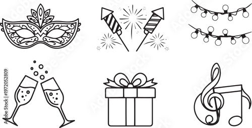 Collection of black line for celebrations including mask fireworks lights champagne gift and music notes