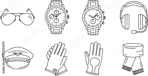 Pilot accessories collection aviator sunglasses chronograph watches headset pilot cap gloves and scarf