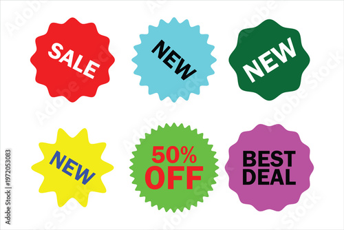 Colorful starburst sale stickers and discount badges, set of 6 promotional vector labels, retail marketing price tags with new and best deal text