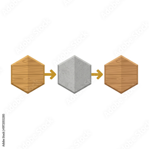 Blank 3-Step Process Infographic Template, Modular Hexagonal Blocks with Wood and Concrete Textures, Horizontal Flow Diagram with Gold Arrows for Business Presentation