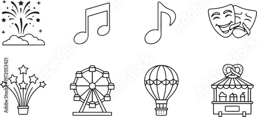 Collection of black and white line for entertainment and celebration fireworks music notes comedy tragedy masks starburst ferris wheel hot air balloon food stall pretzel celebration