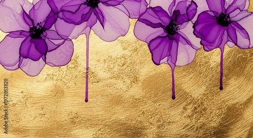 Abstract Purple Alcohol Ink Flowers with Dripping Paint on Textured Gold Foil Background