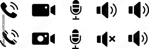 Communication icons phone receiver video call microphone mute speaker volume silent vector set clean modern illustration