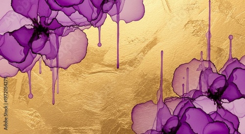 Abstract Purple Alcohol Ink Flowers with Dripping Paint on Textured Gold Foil Background