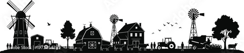 Farm life vector illustration, rural agriculture scene with barn, windmill, tractors, cows, farmhouse, trees, birds, farmers working, black and white silhouette artwork