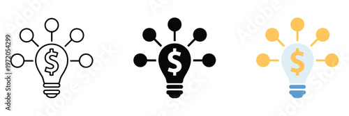Monetizing Ideas Vector Icon, creative lightbulb icon with a central dollar sign, representing innovative ideas connected to a financial network, editable vector illustration for business and finance