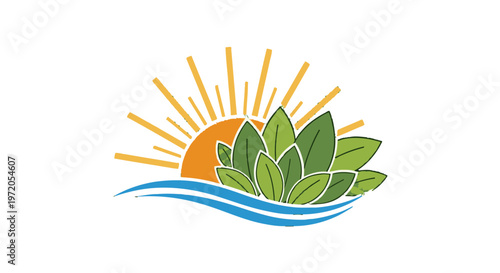Eco friendly logo with sun and leaves.