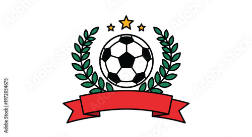 Soccer ball with laurel wreath and banner.