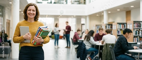 Smiling female tutor holding foreign language books and tablet in a bright library. Concept of professional linguistics education, private lessons, and modern learning success.
