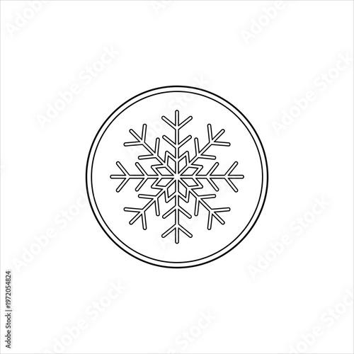 Geometric Snowflake Icon with Circular Border Detailed Symmetry Winter Weather Symbol Isolated on white background