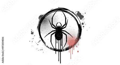 A black spider in a circle with red paint splatters.