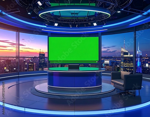 Blue-lit news studio with green screen facing city skyline at dusk, chair on platform, and modern circular lighting