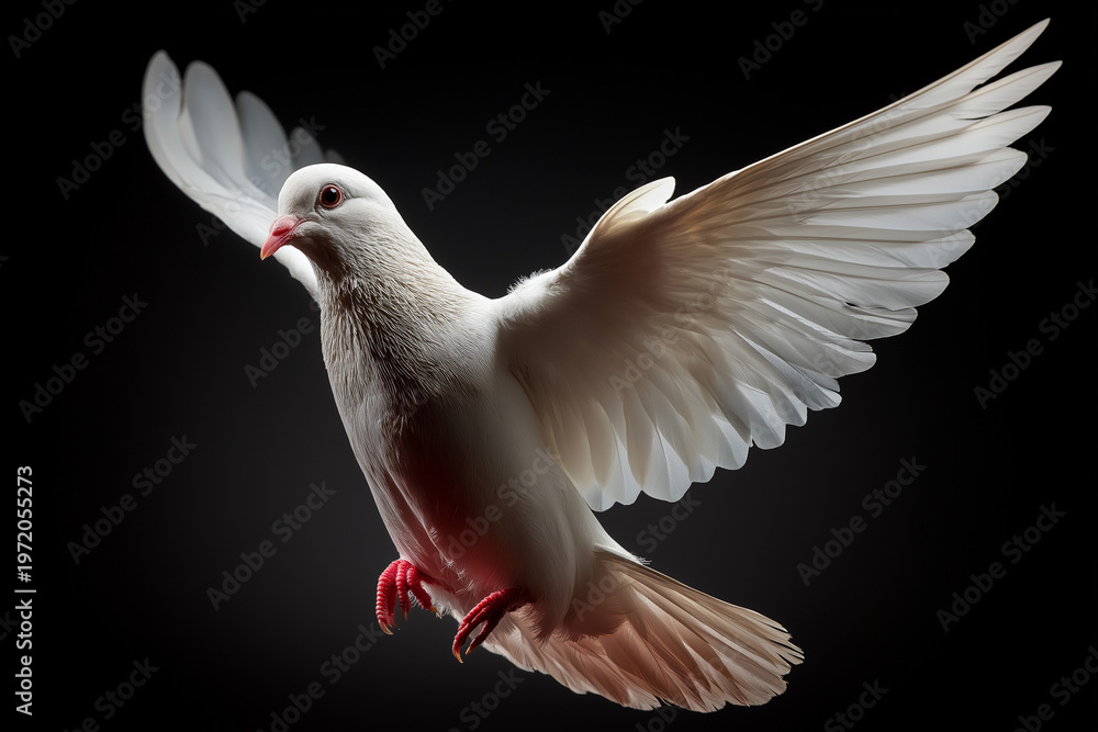 Fototapeta premium Graceful White Dove Flying With Spread Wings Against A Solid Black Studio Background