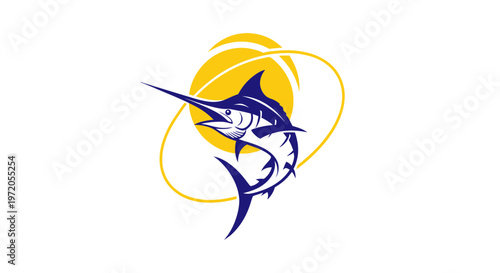 Blue Marlin Silhouette Jumping with Yellow Sun and Ring on White Background