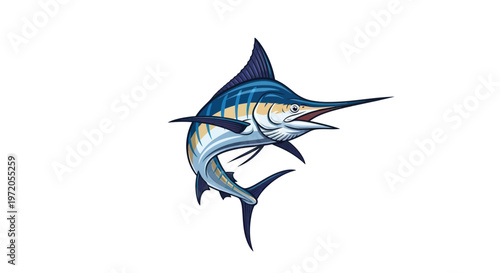 Blue Marlin Leaping from Water, Sport Fishing Icon, Marine Life Illustration